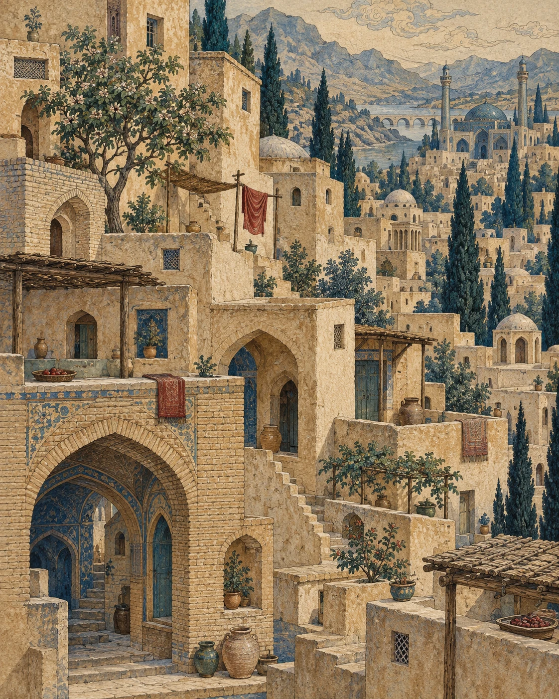 Painted courtyards and rooftops, opening onto a distant river and mountains.